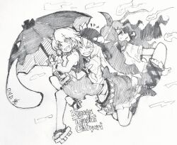  3girls absurdres barefoot blush boots carbohydrate_(asta4282) character_name commentary_request fang frilled_skirt frills geta greyscale grin hat_ornament highres hinanawi_tenshi holding holding_umbrella horns hug hug_from_behind juliet_sleeves karakasa_obake leaf_hat_ornament long_hair long_sleeves monochrome multiple_girls one-hour_drawing_challenge open_mouth peach_hat_ornament pointy_ears puffy_short_sleeves puffy_sleeves shirt short_sleeves shorts single_horn skin_fang skirt smile tatara_kogasa tenkajin_chiyari toes touhou traditional_media umbrella very_long_hair vest 