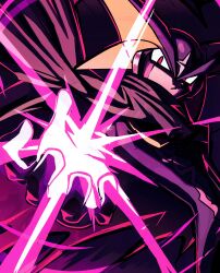  1boy absurdres bass.exe_(mega_man) black_bodysuit black_helmet bodysuit brown_cloak cloak covered_mouth forehead_jewel glowing glowing_hand helmet highres looking_at_viewer male_focus mega_man_(series) mega_man_battle_network_(series) netnavi outstretched_hand powering_up red_eyes solo spacedawgspace 