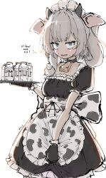  1girl absurdres alternate_costume animal_ears animal_print apron back_bow bell belt_collar black_gloves blue_eyes blush bow breasts collar constricted_pupils cow_ears cow_horns cow_print cow_print_apron cowbell cowboy_shot dress english_text fake_animal_ears fake_horns frilled_dress frills froq_art gloves grey_hair highres holding holding_tray horns jitome looking_at_viewer maid maid_headdress marimari_(vtuber) medium_hair milk neck_bell open_mouth phase_connect print_apron puffy_sleeves sanpaku short_sleeves simple_background skirt skirt_tug small_breasts solo square_neckline sweatdrop tray twitter_username virtual_youtuber waist_apron white_background 