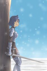  1girl against_tree armor artist_name blue_eyes blue_hair breastplate commentary cowboy_shot cuirass cuisses diamond_earrings earrings english_commentary from_side gauntlets greaves hair_intakes highres holding holding_sword holding_weapon hololive hololive_english jewelry looking_afar looking_ahead nouaillust osmanthus_blade ouro_kronii pauldrons plate_armor poleyn shoulder_armor snowing solo sword tree virtual_youtuber watermark weapon 