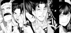  1girl 5boys absurdres blind column_lineup commentary_request facial_hair female_sword_bearer_(kagurabachi) greyscale hair_between_eyes headband highres holding ibuki_misaka kagurabachi katana male_focus monochrome multiple_boys mustache nejiri_hachimaki portrait samura_seiichi scar scar_across_eyes scar_on_face shaded_face short_hair soga_akemura subaru_(kagurabachi) sword thick_mustache uruha_youji weapon yamagata_(user_ymrx4758) 