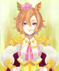  1girl animal_ears armor blush breasts cape chiffon closed_mouth commentary_request crown fingerless_gloves gloves gold_corset hair_between_eyes hands_on_own_hips highres horse_ears horse_girl jewelry long_sleeves looking_at_viewer mini_crown multiple_rings orange_hair pink_cape pink_crown ring shirt short_hair shoulder_armor single_fingerless_glove smile solo t.m._opera_o_(o_sole_suo!)_(umamusume) t.m._opera_o_(umamusume) umamusume violet_eyes white_gloves white_shirt 