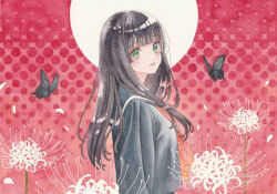  1girl black_hair black_serafuku blush bug butterfly commentary_request dotted_background expressionless flower full_moon green_eyes highres hime_cut k.nishiyama long_hair looking_at_viewer moon original school_uniform serafuku solo spider_lily 