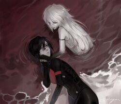  2girls ambiguous_red_liquid android ariane_yeong black_hair black_hands blue_eyes colored_extremities commentary elster_(signalis) english_commentary eye_contact from_above hand_on_another's_cheek hand_on_another's_face highres holding_hands khaagora long_hair looking_at_another lying multiple_girls ocean on_side partially_submerged red_pupils short_hair signalis signature smile white_hair yuri 