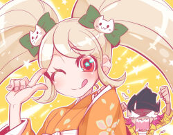  1boy 1girl beanie bow commentary_request danganronpa_(series) danganronpa_2:_goodbye_despair hair_bow hat japanese_clothes jumpsuit kimono no_nose orange_kimono pink_hair red_eyes saionji_hiyoko sasagawa_kureo soda_kazuichi tongue tongue_out twintails yellow_background yellow_jumpsuit 