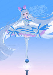  1girl arm_warmers arms_behind_back balancing blue_choker blue_crown blue_hairband bow brooch choker closed_mouth commentary_request crown crown_earrings cure_nyammy dress dress_bow earrings frilled_arm_warmers frills hairband heart heart_brooch highres jewelry lamppost long_hair looking_at_viewer mini_crown multicolored_bow nekoyashiki_yuki pact_holder pointed_crown precure serizawa_serizane shiny_cats_pact signature smile solo thigh-highs very_long_hair white_arm_warmers white_dress white_hair white_thighhighs wonderful_precure! 