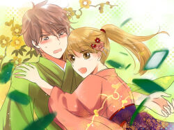  1boy 1girl :d ayase_chihaya blush brown_eyes brown_hair chihayafuru commentary_request flower green_kimono hair_flower hair_ornament japanese_clothes karuta_(card_game) kimono komo_(komokabu) long_hair mashima_taichi ponytail smile 