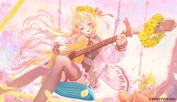  1girl :d absurdres acoustic_guitar blonde_hair brown_dress brown_eyes brown_sailor_collar brown_thighhighs buttons capo_(guitar) commentary_request copyright_notice day double-breasted double-parted_bangs dress falling_petals floating_hair flower_wreath frilled_jacket frills full_body guitar hair_between_eyes hair_ornament hair_ribbon hairclip highres holding holding_guitar holding_instrument hololive hololive_dev_is instrument jacket long_hair long_sleeves looking_at_viewer music musical_note musical_note_hair_ornament nakauma neck_ribbon official_art on_swing one_side_up open_mouth otonose_kanade otonose_kanade_(1st_costume) outdoors petals plaid_clothes plaid_dress playing_instrument red_ribbon ribbon sailor_collar shirt sitting smile solo swing thigh-highs thigh_strap virtual_youtuber white_jacket white_sailor_collar white_shirt 