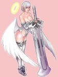  angel_wings armor bare_shoulders breasts cleavage halo huge_sword huge_weapon jpeg_artifacts kusagami_style large_breasts legs original pointy_ears signature simple_background solo sword thigh-highs thighhighs thighs weapon white_hair white_legwear wings 