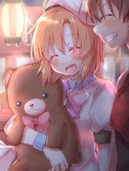  1boy 1girl blue_wrist_cuffs blush bow bowtie brown_hair commentary_request dress hat highres higurashi_no_naku_koro_ni holding holding_stuffed_toy ikasumi_82 maebara_keiichi onikakushi-hen open_mouth orange_hair pink_bow pink_bowtie red_vest ryuuguu_rena smile stuffed_animal stuffed_toy teddy_bear vest white_dress wrist_cuffs 