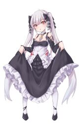  1girl aged_down alternate_breast_size_(smaller) azur_lane between_breasts black_shoes breasts choker clothes_between_breasts clothes_lift dress formidable_(azur_lane) frilled_dress frills grey_hair hair_ribbon lifting_own_clothes long_hair looking_at_viewer pantyhose parted_lips red_eyes ribbon shoes skirt skirt_lift solo twintails very_long_hair white_background white_choker white_pantyhose ynp 
