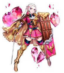  1girl alternate_costume alternate_hairstyle angry armor armored_boots blonde_hair boots broken cape chocolate closed_mouth dress edelgard_von_hresvelg fire_emblem fire_emblem:_three_houses full_body gem gold_armor hair_ribbon heart light_frown long_hair looking_at_viewer multicolored_eyes nakapipo parted_lips pink_dress pink_gem pink_ribbon ribbon simple_background solo valentine violet_eyes white_background 