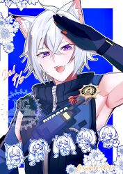  2boys 4girls absurdres animal_ear_fluff animal_ears armpits blue_background cat_boy cat_ears cissia_(zenless_zone_zero) colored_tips commentary_request crossed_bangs dated flower hair_between_eyes hand_up heart highres jane_doe_(zenless_zone_zero) long_hair looking_at_viewer male_focus mini_person mouse_girl mouse_tail multicolored_hair multiple_boys multiple_girls police police_badge police_uniform policeman qingyi_(zenless_zone_zero) salute seth_lowell severian_lowell short_hair snake_girl snake_tail solo_focus tail twintails twitter_username upper_body violet_eyes walkie-talkie watermark white_hair yunnku_puttyo zenless_zone_zero zhu_yuan 