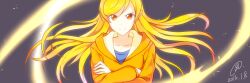  1girl 9rimson blonde_hair closed_mouth commentary_request crossed_arms floating_hair hood hood_down hoodie long_hair long_sleeves looking_at_viewer magic orange_eyes orange_hoodie original smile solo upper_body 