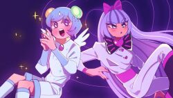 angel_lightstick angel_wings blue_hair blue_nails blush boots bow bowtie cookie_run cookie_run:_ovenbreak grey_hair hair_ornament hands_together heart humanization long_hair nail_polish pants pink_nails producer_mic short_hair shorts smile sparkling_eyes third-party_source white_pants