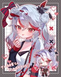  1girl :p arm_at_side black_ribbon black_scrunchie black_socks black_wings border breasts butterfly_hair_ornament character_request chibi choker cleavage_cutout closed_mouth clothing_cutout collarbone commentary_request copyright_request dot_nose double_bun facing_viewer grey_hair hair_bun hair_ornament hand_to_own_mouth heart highres holding holding_heart light_blush long_sleeves looking_at_viewer multicolored_hair multicolored_ribbon multicolored_socks pixel_heart polka_dot_border red_ribbon red_socks red_streaks ribbon scrunchie shirt small_breasts smile socks solo_focus streaked_hair sundi3d thank_you tongue tongue_out translation_request two-tone_background upper_body white_background white_choker white_shirt wing_hair_ornament wings 