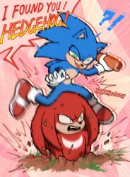  !? 2boys buried commentary czy_(2894456992) emphasis_lines english_text food furry furry_male green_eyes highres holding holding_food hot_dog knuckles_the_echidna male_focus motion_blur multiple_boys sonic_(live_action) sonic_(series) sonic_the_hedgehog sonic_the_hedgehog_2_(movie) spitting star-shaped_pupils star_(symbol) surprised symbol-shaped_pupils twitter_username watermark 