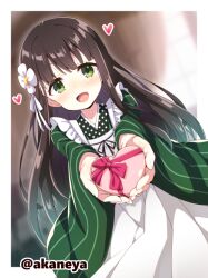  1girl :d akaneya apron blunt_bangs blush border box brown_hair commentary_request commission cowboy_shot gochuumon_wa_usagi_desu_ka? green_eyes green_kimono heart heart-shaped_box holding holding_box japanese_clothes kimono long_hair long_sleeves looking_at_viewer open_mouth outside_border pink_ribbon ribbon skeb_commission smile solo striped_clothes striped_kimono twitter_username ujimatsu_chiya valentine vertical-striped_clothes vertical-striped_kimono white_apron white_border wide_sleeves 