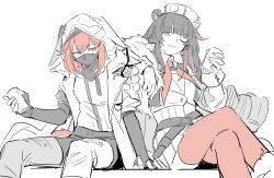  2girls animal_ears arknights arm_on_another's_shoulder bear_ears belt black_hair black_shorts coat_partially_removed crossed_legs crownslayer_(arknights) cup dopperu_ben feet_out_of_frame fur_hat hat highres holding holding_cup hood hood_up hooded_jacket jacket looking_at_viewer mask mouth_mask multicolored_hair multiple_girls neckerchief off_shoulder one_eye_closed pantyhose pantyhose_under_shorts papakha red_eyes red_hair red_neckerchief red_thighhighs short_hair shorts sitting smile spot_color streaked_hair thigh-highs zima_(arknights) zima_the_raging_tide_(arknights) 