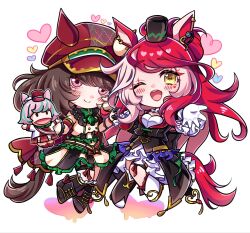  2girls animal_ears asymmetrical_footwear asymmetrical_gloves black_boots black_jacket blush boots bow breasts brown_hair cape chibi closed_mouth commentary_request ear_covers ears_through_headwear facial_mark gloves green_bow hair_between_eyes hair_ornament hand_puppet hat heart heart_facial_mark heart_on_cheek highres horse_ears horse_girl horse_tail inairego116 jacket long_hair looking_at_viewer loves_only_you_(9927_wishes)_(umamusume) loves_only_you_(umamusume) marche_lorraine_(umamusume) mini_hat mini_top_hat mismatched_ear_covers mismatched_footwear multicolored_hair multiple_girls one_eye_closed open_mouth puppet red_cape red_hair short_hair skirt smile tail teeth thigh_strap top_hat umamusume upper_teeth_only violet_eyes white_boots white_jacket white_skirt yellow_eyes 