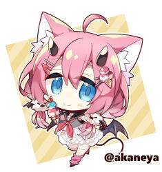  1girl ahoge akaneya animal_ear_fluff animal_ears black_sailor_collar black_shoes blue_eyes blush_stickers border cat_ears cat_girl character_request chibi chibi_only closed_mouth commentary_request commission copyright_request demon_girl demon_tail demon_wings diagonal-striped_background double-parted_bangs dress food food-themed_hair_ornament full_body hair_between_eyes hair_ornament hairclip holding holding_food holding_ice_cream ice_cream ice_cream_hair_ornament looking_at_viewer lowres neckerchief outline outside_border pink_hair pink_socks red_neckerchief ribbed_socks sailor_collar sailor_dress shoes short_hair skeb_commission sleeveless sleeveless_dress smile socks solo standing striped_background tail thick_eyebrows white_border white_dress white_outline wings yellow_background 