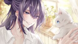  1boy absurdres adam's_apple aegyo_sal animal black_hair blue_eyes book cat collared_shirt commentary_request curtains double-parted_bangs fan_request grin hair_between_eyes hair_bun hair_over_one_eye highres holding holding_animal holding_cat indoors konkave_linse long_hair looking_at_animal making-of_available male_focus open_book original plant portrait potted_plant shirt sidelocks smile solo sunlight teeth triangle white_cat white_shirt window 