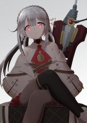  1girl absurdres ankle_boots ascot assault_lily bare_shoulders black_hair black_thighhighs blunt_bangs boots braid brown_pantyhose closed_mouth collared_shirt commentary_request crossed_legs crown_braid feet_out_of_frame frilled_skirt frills goteni_(assault_lily) gradient_background grey_background grey_hair highres jacket long_hair long_sleeves looking_at_viewer miniskirt multicolored_hair off_shoulder open_clothes open_jacket pantyhose planted quad_tails red_ascot red_eyes red_skirt shirt sitting skirt sleeveless sleeveless_shirt solo thigh-highs thighhighs_over_pantyhose two-tone_hair very_long_hair weapon white_boots white_jacket wide_sleeves yadoo 