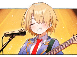  1girl :d ^_^ blonde_hair blue_jacket blush closed_eyes collared_shirt commentary_request facing_viewer grin guitar hair_ornament hair_over_one_eye hairclip heaven_burns_red instrument jacket kayamori_ruka long_bangs microphone microphone_stand necktie one_eye_covered open_clothes open_jacket outside_border parallel_hairclips red_necktie rinki_oohen shirt short_hair simple_background smile solo spotlight upper_body white_shirt yellow_background 