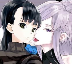  black_hair blue_eyes face flower green_eyes inga lavender_hair long_hair looking_at_viewer multiple_girls purple_eyes rokkaku_(ajisaidenden) sasa_kazamori silver_hair tongue tongue_out turtleneck un-go violet_eyes 