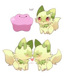  absurdres animal_focus closed_eyes closed_mouth commentary_request ditto green_fur heart highres no_humans open_mouth pokemon pokemon_(creature) pokemon_focus red_eyes smile solid_circle_eyes sprigatito transformed_ditto yupo_0322 