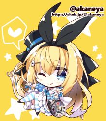  1girl ;q akaneya alice's_adventures_in_wonderland alice_(alice_in_wonderland) bag black_hairband black_hat black_shoes blonde_hair blue_bow blue_bowtie blue_dress blue_eyes blue_thighhighs blush_stickers bow bow_hairband bowtie chibi chibi_only closed_mouth commentary_request commission dress frilled_dress frilled_wrist_cuffs frills full_body hair_between_eyes hairband hat heart long_hair looking_at_viewer one_eye_closed outstretched_arms playing_card_hair_ornament shoes short_sleeves skeb_commission smile solo spoken_heart star_(symbol) striped_clothes striped_thighhighs thigh-highs tongue tongue_out top_hat v very_long_hair wrist_cuffs 