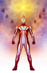  6+boys absurdres alien arm_guards blue_gem cape chest_guard clenched_hands cloud_background clouds color_timer colored_skin commentary compound_eyes dorsal_fin eye_slugger forehead_jewel full_body gem giant giant_male glowing glowing_eyes gradient_background green_gem highres horns in-franchise_crossover kaette_kita_ultraman katou_yuu light_particles looking_at_viewer male_focus mebius_brace midair mobius_strip multicolored_skin multiple_boys no_pupils pectorals red_cape red_skin silver_skin solo_focus standing straight-on tokusatsu two-tone_skin ultra_series ultraman ultraman_(1st_series) ultraman_ace ultraman_ace_(series) ultraman_jack ultraman_mebius ultraman_mebius_(series) ultraman_tarou ultraman_tarou_(series) ultraseven ultraseven_(series) white_background white_eyes yellow_eyes 