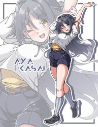  1girl :d absurdres arm_behind_head arms_up belt black_hair black_shoes black_shorts blush borrowed_character breasts brown_belt commentary_request commission commissioner_name drawstring drop_shadow full_body gokuu_(acoloredpencil) grey_socks hair_intakes hand_on_own_arm highres hood hoodie index_finger_raised kneehighs large_breasts long_hair long_sidelocks looking_at_viewer lower_teeth_only one_eye_closed open_mouth original outline parted_bangs pocket shiny_skin shirt shoes short_sleeves shorts sidelocks skeb_commission smile sneakers socks solo striped_clothes striped_socks teeth vertical-striped_clothes vertical-striped_socks walking white_background white_hoodie white_outline yellow_eyes yellow_shirt zoom_layer 