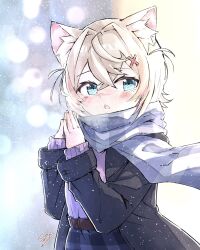  1girl animal_ear_fluff animal_ears artist_name belt black_coat blonde_hair blue_eyes blush breath brown_belt coat cold commentary dog_ears dog_girl hair_ornament hairband highres hololive hololive_english looking_at_viewer mococo_abyssgard multicolored_hair outdoors pink_hairband pink_streaks runv_craft scarf skirt snow snowing solo streaked_hair sweater virtual_youtuber warming_hands winter_clothes x_hair_ornament 