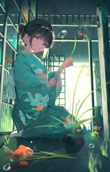 1girl :o air_bubble animal_print black_hair blunt_bangs bubble chisei259 fish_print floral_print full_body green_eyes green_kimono hair_bun highres holding japanese_clothes kimono koi looking_at_viewer no_shoes obi original parted_lips plant sash seiza short_hair single_hair_bun sitting socks solo underwater white_socks wide_sleeves 