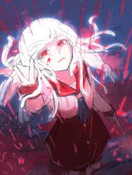 1girl :p arm_at_side arm_up black_neckerchief blood brown_skirt closed_mouth commentary dark from_above god_nadeko hair_ornament harpoon highres holding holding_harpoon holding_weapon long_hair looking_at_viewer looking_up monogatari_(series) nanahyakuichi_middle_school_uniform neckerchief official_alternate_eye_color official_alternate_hairstyle otorimonogatari outdoors pale_skin rain raining_blood reaching reaching_towards_viewer red_eyes red_sailor_collar romaji_commentary sailor_collar school_uniform sengoku_nadeko serafuku simple_background skirt snake_hair_ornament solo sonnambulo777 spread_fingers standing suspender_skirt suspenders tongue tongue_out weapon white_background white_hair 