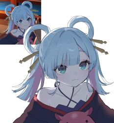  1girl :3 aged_down bare_shoulders blue_eyes cho_kaguya-hime! colored_inner_hair commentary_request criss-cross_halter hair_ornament hair_rings hair_stick halterneck ichi_l0 japanese_clothes kimono korean_commentary multicolored_hair photo-referenced pink_hair purple_kimono runami_yachiyo smile solo twintails white_background white_hair 