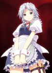  black_eyes braid frills holster izayoi_sakuya knife light_smile looking_at_viewer maid maid_headdress red_background silver_hair solo thigh_strap touhou tray twin_braids umekichi v_arms wrist_cuffs 