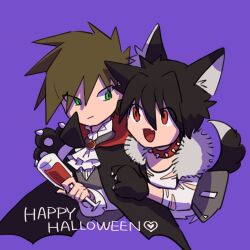  2boys :d alternate_costume animal_ears animal_hands black_hair black_tail brown_hair collar cup drinking_glass frills fur_trim gary_oak green_eyes halloween happy_halloween highres holding holding_cup looking_at_another multiple_boys open_mouth pokemon pokenasi purple_background red_(pokemon) red_collar red_eyes shirt simple_background smile spiked_collar spikes spiky_hair torn_clothes torn_shirt vampire_costume wine_glass 