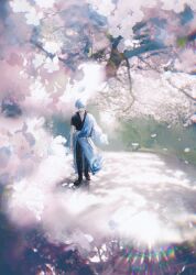  1boy black_boots black_pants black_shirt blue_hair blue_kimono blurry bokeh bokken boots cherry_blossoms collared_shirt day depth_of_field falling_petals flower full_body gintama hadanugi_dousa highres japanese_clothes kimono lens_flare long_sleeves lushu_kuye male_focus outdoors pants petals sakata_gintoki shirt short_hair short_sleeves solo standing sword tree walking weapon white_hair wide_sleeves wooden_sword 