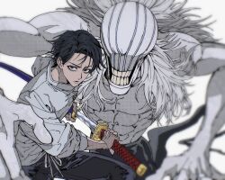  1boy 1other abs bags_under_eyes black_hair black_pants closed_mouth commentary_request cursed_spirit_(jujutsu_kaisen) high_collar highres hilt holding holding_sword holding_weapon jacket jujutsu_kaisen katana long_sleeves misejyuk monster no_eyes okkotsu_yuta orimoto_rika pants sheath shikigami short_hair sleeves_rolled_up sword teeth weapon white_background white_hair white_jacket 