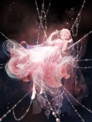  1girl absurdres anklet bare_shoulders bead_anklet bead_armlet bead_bracelet bead_necklace beads black_background bracelet bug butterfly chinese_commentary closed_mouth commentary_request dress expressionless eyelashes full_body glowing gown hair_beads hair_ornament hair_rings high_heels highres in_web jewelry lightweaving_kiss_(shining_nikki) lipstick long_dress looking_at_viewer makeup necklace nikki_(series) pink_butterfly pink_dress pink_eyes pink_hair pink_shoes red_lips see-through_clothes see-through_veil shining_nikki shoes short_hair silk situ_ming_ling_hua_yi solo spider_web stiletto_heels strapless strapless_dress updo veil white_veil 