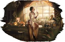  1girl artist_request bar_(place) bar_stool barrel beer_mug blue_eyes blue_nails braid brown_hair brown_hat bullet cactus cheese cheese_wheel chicken_(food) christmas_lights chromatic_aberration cup dark-skinned_female dark_skin dreamcatcher earrings facial_mark floral_print food forehead_mark frilled_sleeves frills gun hat highres hoop_earrings indoors jewelry knife knife_in_wall lantern lasso long_sleeves medium_hair mira_(path_to_nowhere) mug multiple_rings neck_tattoo necklace official_art path_to_nowhere pelvic_curtain phonograph plant potted_plant revolver rifle ring sausage shelf shirt side_braid spiked_ring stool tattoo wanted_poster weapon white_shirt window 