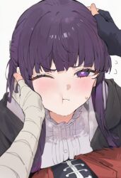  1boy 1girl :t asymmetrical_gloves black_robe blunt_bangs eyelashes fern_(sousou_no_frieren) fingerless_gloves flying_sweatdrops gloves hand_on_another's_cheek hand_on_another's_face hand_on_another's_head hand_wraps headpat highres looking_at_viewer one_eye_closed pout pov purple_hair purple_pupils robe shuraillusts single_glove sousou_no_frieren stark_(sousou_no_frieren) violet_eyes 