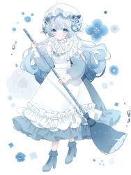  1girl animal_ears apron blue_boots blue_dress blue_eyes blue_flower blue_hair boots broom center-flap_bangs collared_dress colored_eyelashes commentary curled_horns curly_hair double-parted_bangs dress flower frilled_apron frills full_body hand_up hat hat_flower highres holding holding_broom horns konkave_linse lace-up_boots long_dress long_hair long_sleeves looking_to_the_side maid maid_apron mob_cap neck_ribbon original parted_lips puffy_long_sleeves puffy_sleeves ribbon see-through_horns sheep_ears sheep_girl sheep_horns sidelocks simple_background solo sparkle sweeping untranslatable_commentary walking water water_drop white_apron white_background white_hat white_ribbon 