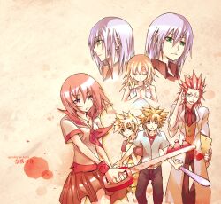  2girls 5boys adjusting_eyewear axel_(kingdom_hearts) belt black_pants black_shirt blonde_hair blood blood_on_weapon blood_splatter blue_eyes brown_hair brown_vest closed_eyes coat collared_shirt cosplay cropped_torso dress english_commentary expressionless facing_to_the_side furrowed_brow furude_rika furude_rika_(cosplay) glasses green_eyes grey_hair hair_slicked_back hands_on_own_chest hands_up higurashi_no_naku_koro_ni holding holding_file holding_paper holding_weapon houjou_satoko houjou_satoko_(cosplay) illbewaiting irie_kyousuke irie_kyousuke_(cosplay) jewelry kairi_(kingdom_hearts) keyblade kingdom_hearts kingdom_hearts:_chain_of_memories kingdom_hearts_ii lab_coat layered_shirt long_hair looking_at_viewer maebara_keiichi maebara_keiichi_(cosplay) mixed-language_text multiple_boys multiple_girls namine neckerchief necklace necktie one_eye_closed open_mouth overalls own_hands_together pants paper pendant pink_eyes pink_hair red_neckerchief red_necktie red_sailor_collar red_shirt red_skirt riku_(kingdom_hearts) riku_replica roxas ryuuguu_rena ryuuguu_rena_(cosplay) sailor_collar school_uniform shirt short_hair short_sleeves skirt sonozaki_mion sonozaki_mion_(cosplay) sonozaki_shion sonozaki_shion_(cosplay) sora_(kingdom_hearts) spaghetti_strap spiky_hair upper_body vest weapon white_coat white_dress wristband yellow_overalls 