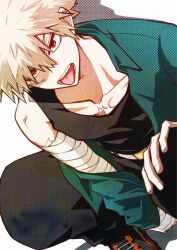  1boy bakugou_katsuki bandaged_arm bandages black_pants blonde_hair boku_no_hero_academia collared_shirt commentary_request green_shirt hair_between_eyes halftone hand_on_own_knee highres looking_at_viewer male_focus open_clothes open_mouth open_shirt pants parted_bangs red_eyes scar scar_on_chest shirt shoes short_hair sneakers solo spiky_hair squatting takehara tongue tongue_out white_background 