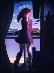  1girl artist_name asymmetrical_legwear asymmetrical_wings balcony black_sailor_collar black_serafuku black_shirt black_skirt blue_eyes braid buttons crystal_wings day detached_wings dizzychessur double-breasted double_halo floating_hair full_body grin halo heterochromia highres hololive hololive_english horns irys_(gaming_casual)_(hololive) irys_(hololive) long_hair long_sleeves looking_at_viewer loose_socks low_twin_braids miniskirt mismatched_wings neckerchief official_alternate_costume official_alternate_hairstyle pink_eyes pleated_skirt pointy_ears purple_hair red_neckerchief sailor_collar school_uniform serafuku shaded_face shirt shoes skirt smile sneakers socks solo standing star_halo swept_bangs twin_braids uneven_legwear virtual_youtuber white_shoes white_socks wings yandere 