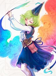 2boys 4girls absurdres agott_arklaum_(tongari_boushi_no_atelier) black_hair brushbuddy casting_spell closed_eyes coco_(tongari_boushi_no_atelier) creature glasses green_hair hat highres holding leggings long_hair magic multiple_boys multiple_girls olruggio_(tongari_boushi_no_atelier) open_clothes open_vest puffy_sleeves qifrey_(tongari_boushi_no_atelier) quill richeh_(tongari_boushi_no_atelier) short_hair shuravf tetia_(tongari_boushi_no_atelier) tongari_boushi_no_atelier vest white_hair 