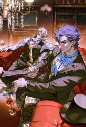  2boys alcohol blonde_hair blue_eyes blue_hair bookshelf bow bowtie chandelier collared_shirt commentary_request couch cup dio_brando drinking_glass figure_four_sitting formal_clothes hand_on_own_cheek hand_on_own_face hand_on_own_knee hat highres indoors jewelry jojo_no_kimyou_na_bouken jonathan_joestar long_sleeves looking_at_viewer male_focus multiple_boys on_couch pants phantom_blood pillow pocket_watch popped_collar red_wine ring rug shirt short_hair sitting smile suit table top_hat unworn_hat unworn_headwear vasan5555 vest wall_mirror watch wine wine_glass 